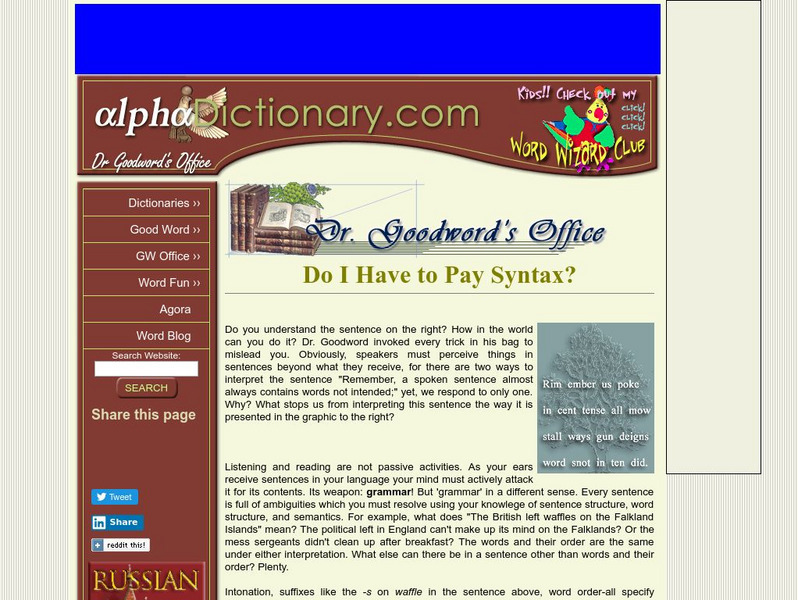 Alpha Dictionary: Do I Have to Pay Syntax? Handout Alpha Dictionary: Do I Have to Pay Syntax? Handout