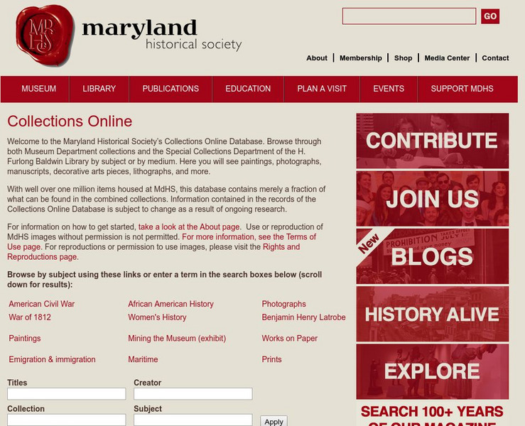 Maryland Historical Society: Collections Online Handout Maryland Historical Society: Collections Online Handout