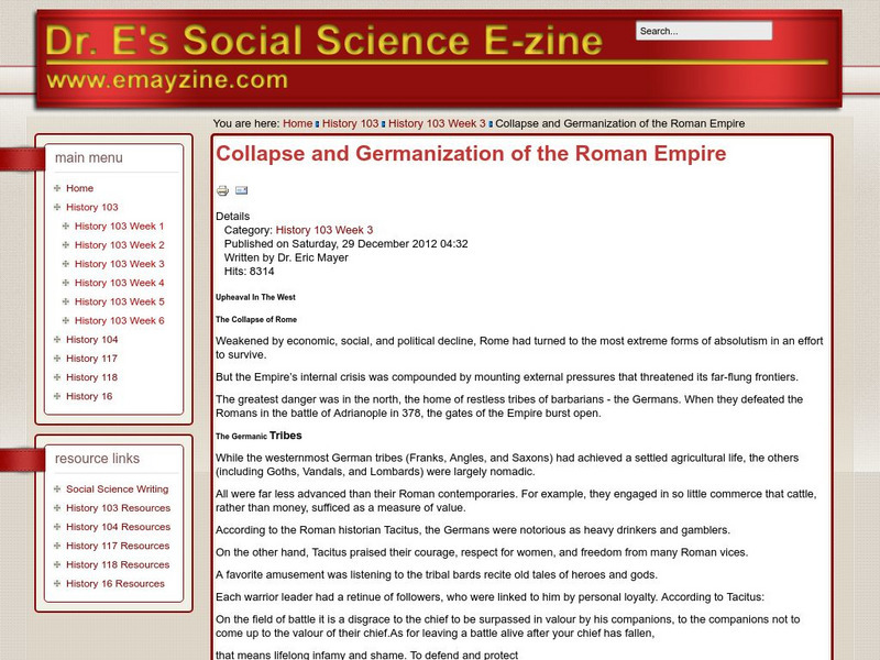 Collapse and Germanization of the Roman Empire: Upheaval in the West Unit Plan Collapse and Germanization of the Roman Empire: Upheaval in the West Unit Plan