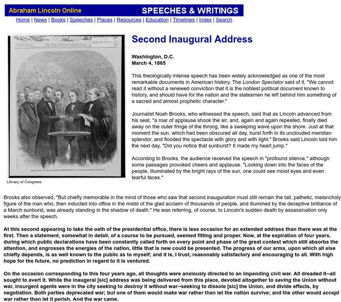 Abraham Lincoln Online: Lincoln's Second Inaugural Address Unit Plan Abraham Lincoln Online: Lincoln's Second Inaugural Address Unit Plan