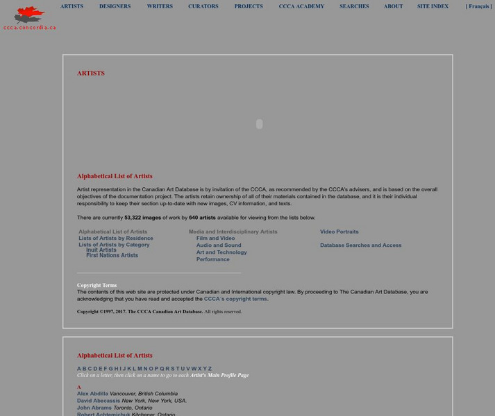 Ccca: Alphabetical List of Artists Website Ccca: Alphabetical List of Artists Website