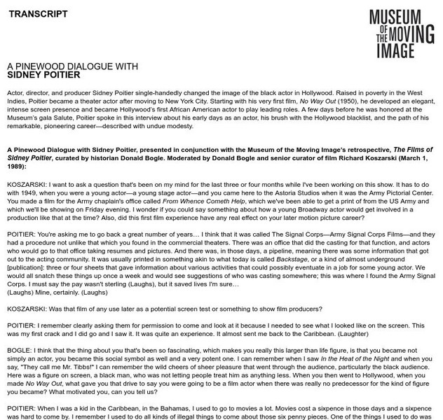Museum of the Moving Image: Interview With Sidney Poitier Primary Museum of the Moving Image: Interview With Sidney Poitier Primary