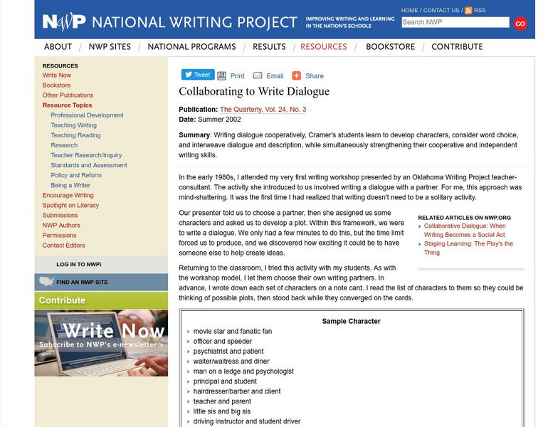 National Writing Project: Collaborating to Write Dialogue Article National Writing Project: Collaborating to Write Dialogue Article