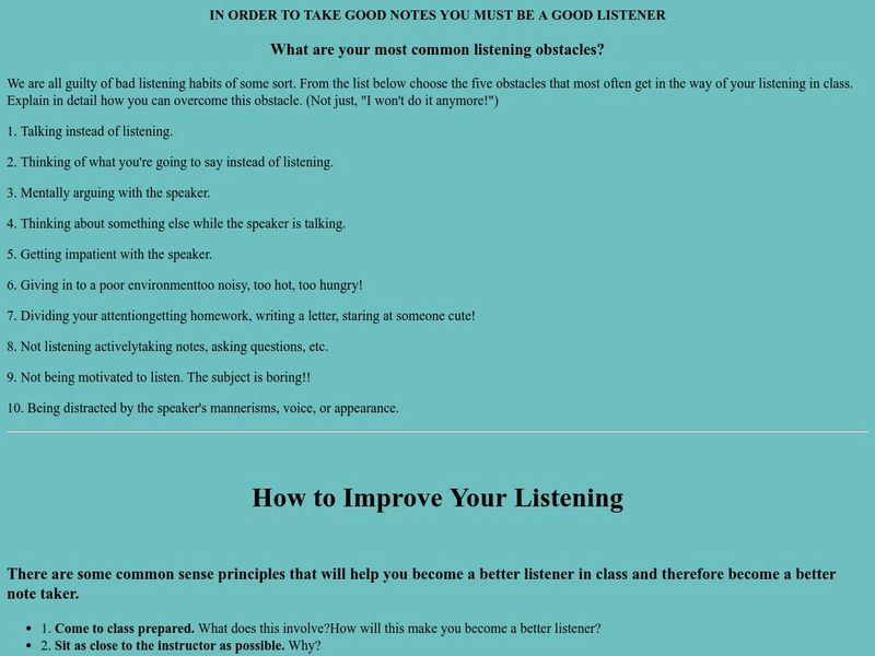Middle Tennessee St. Univ.: Listening Well to Take Notes Handout Middle Tennessee St. Univ.: Listening Well to Take Notes Handout