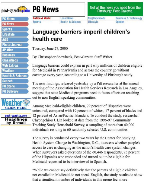 Language Barriers Imperil Children's Health Care Article