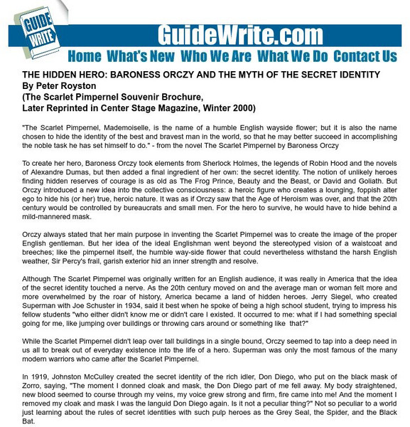 Guidewrite: The Hidden Hero: Baroness Orczy and the Myth of the Secret Identity Website Guidewrite: The Hidden Hero: Baroness Orczy and the Myth of the Secret Identity Website
