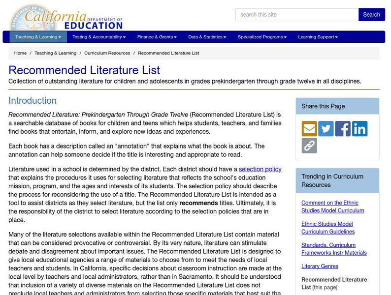 Ca Dept. Of Education: Recommended Literature (K 12) Activity Ca Dept. Of Education: Recommended Literature (K 12) Activity