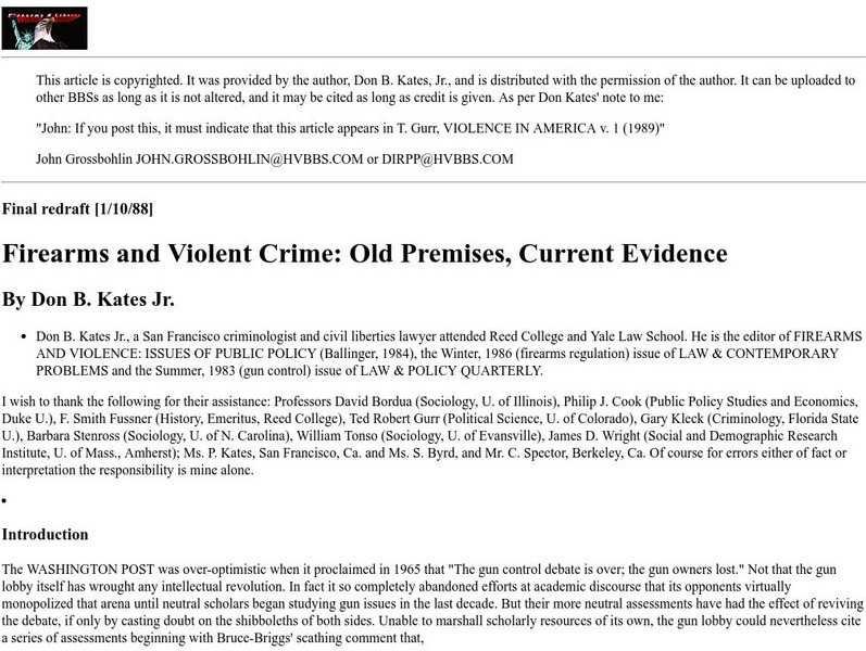Firearms and Violent Crime: Old Premises, Current Evidence Handout Firearms and Violent Crime: Old Premises, Current Evidence Handout