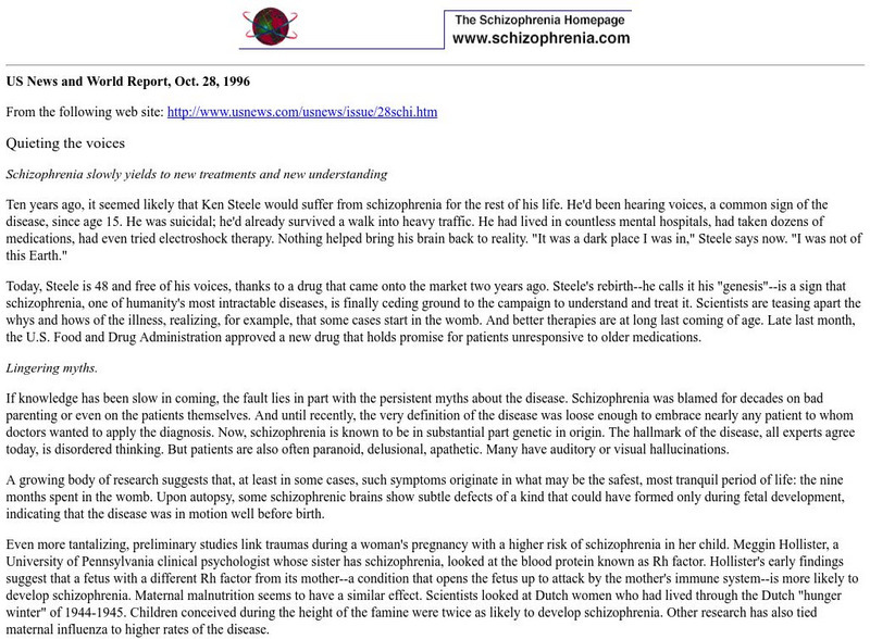 Schizophrenia Homepage: Quieting the Voices Article Schizophrenia Homepage: Quieting the Voices Article