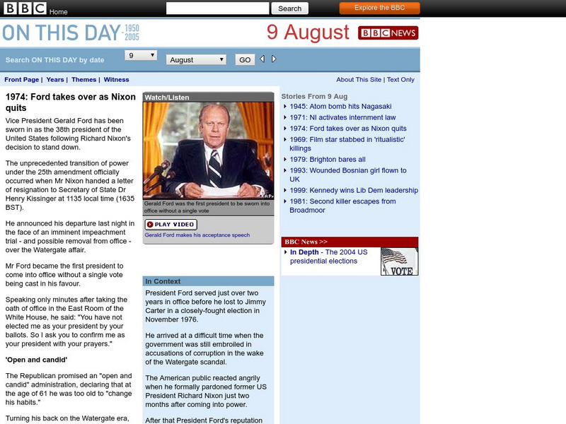 Bbc: 1974: Ford Takes Over as Nixon Quits Handout