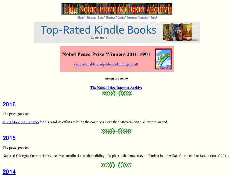 Nobel Prize Internet Archive: Winners 1901 1999 Website