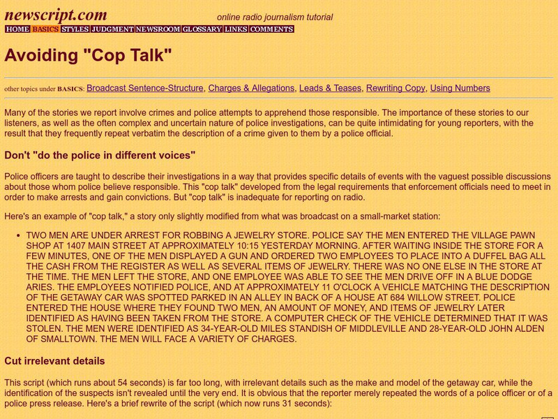 Newswriting for Radio: Avoiding "Cop Talk" Activity Newswriting for Radio: Avoiding "Cop Talk" Activity