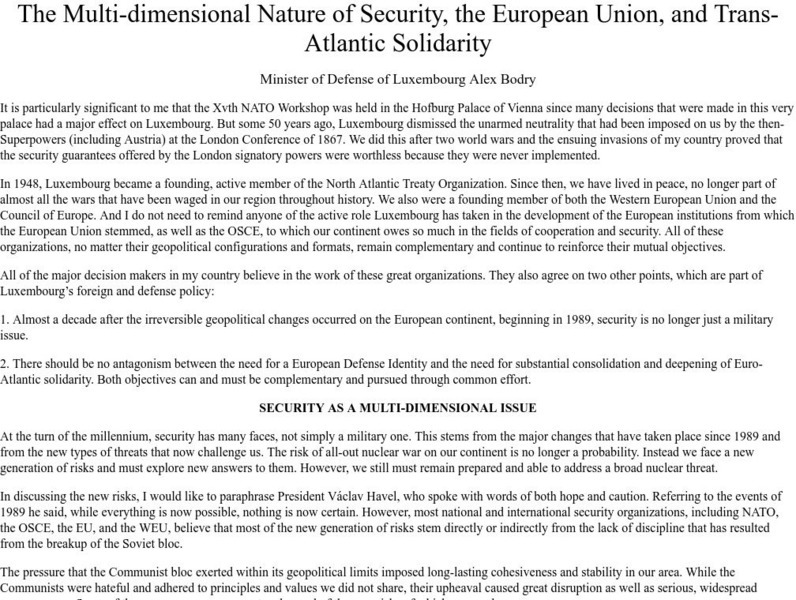 Luxembourg Defense Minister Alex Bodry: Multi Dimensional Nature of Security Primary Luxembourg Defense Minister Alex Bodry: Multi Dimensional Nature of Security Primary