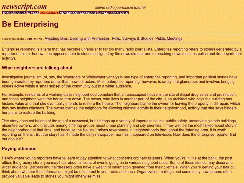 Newswriting for Radio: News Judgment: Be Enterprising Website Newswriting for Radio: News Judgment: Be Enterprising Website