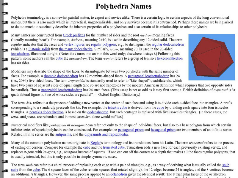 Virtual Polyhedra: Polyhedra Names Unit Plan Virtual Polyhedra: Polyhedra Names Unit Plan