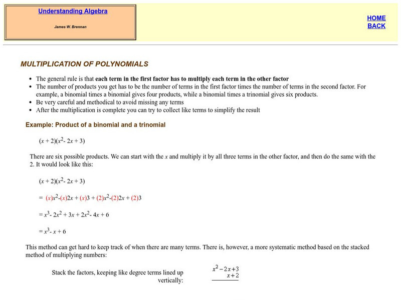 Understanding Algebra: Multiplication of Polynomials Handout Understanding Algebra: Multiplication of Polynomials Handout