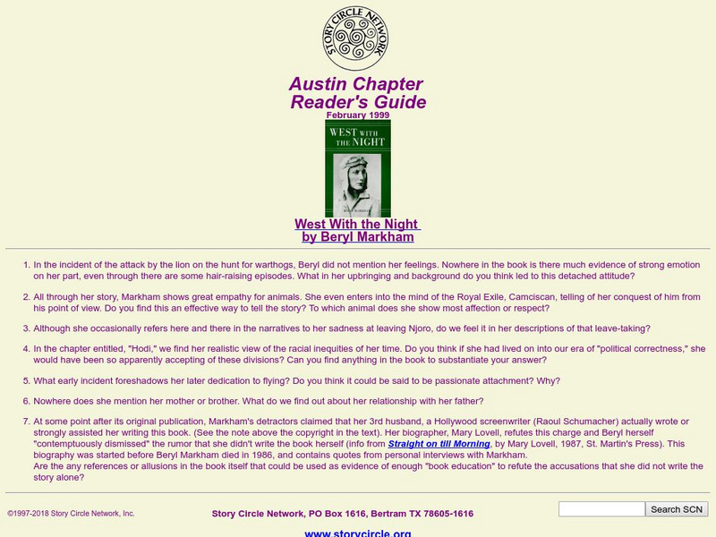 Study Questions for "West With the Night" Unit Plan Study Questions for "West With the Night" Unit Plan