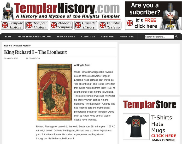 Templar History: King Richard I the Lionheart Handout Templar History: King Richard I the Lionheart Handout
