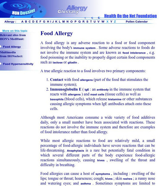 Health on the Net Foundation: Glossary Food Allergy Handout