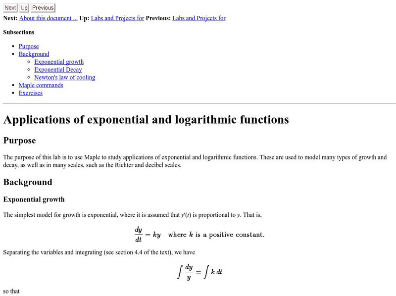 Wpi: Applications of Exponential & Logarithmic Functions Activity Wpi: Applications of Exponential & Logarithmic Functions Activity