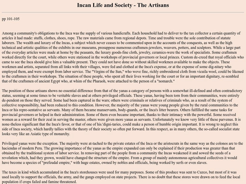 Odyssey: Teacher Zone: Incan Life and Society: The Artisans Handout Odyssey: Teacher Zone: Incan Life and Society: The Artisans Handout