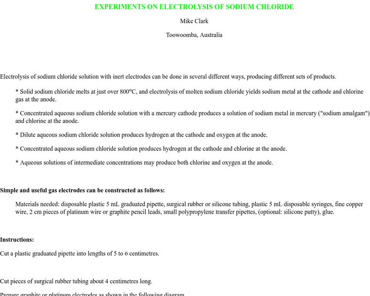Lcs: Experiments on the Electrolysis of Sodium Chloride Activity Lcs: Experiments on the Electrolysis of Sodium Chloride Activity