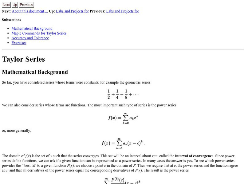 Wpi: Taylor Series Activity Wpi: Taylor Series Activity