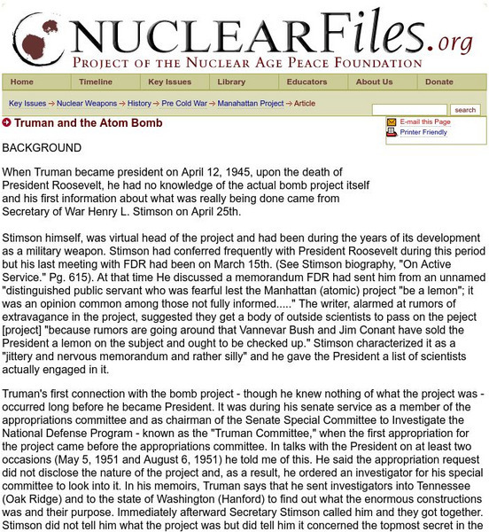 Nuclearfiles.org: Truman and the Atom Bomb Website Nuclearfiles.org: Truman and the Atom Bomb Website