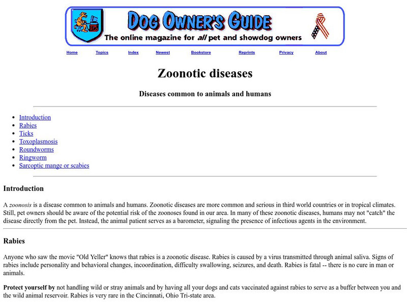 Dog Owner's Guide: Zoonotic Diseases: Diseases Common to Animals and Humans Handout Dog Owner's Guide: Zoonotic Diseases: Diseases Common to Animals and Humans Handout