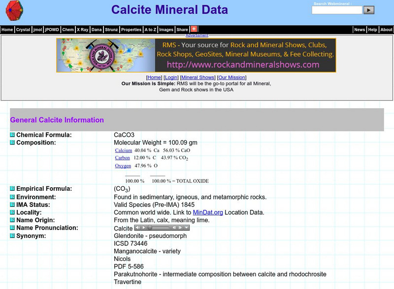 Webmineral.com: Mineralogy Database: Calcite Mineral Data Handout Webmineral.com: Mineralogy Database: Calcite Mineral Data Handout
