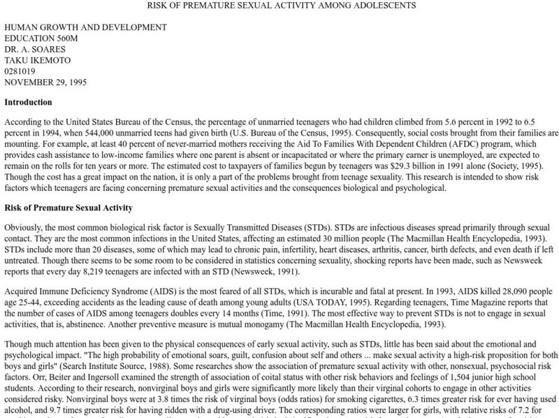 Risk of Premature Sexual Activity Among Adolescents Handout Risk of Premature Sexual Activity Among Adolescents Handout