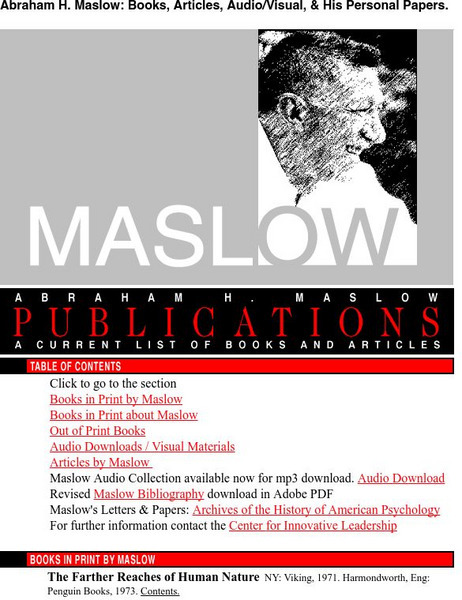 Abraham Maslow: A Current List of Books and Articles Activity Abraham Maslow: A Current List of Books and Articles Activity