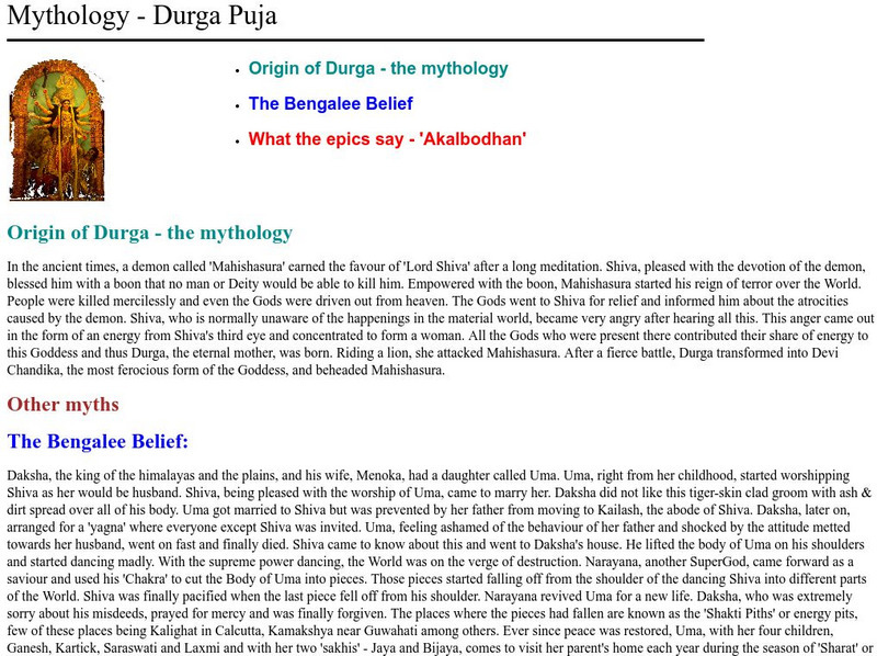 Mythology Durga Puji Handout Mythology Durga Puji Handout