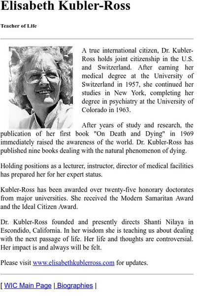 Women's International Center: Elisabeth Kubler Ross: Teacher of Life Handout Women's International Center: Elisabeth Kubler Ross: Teacher of Life Handout