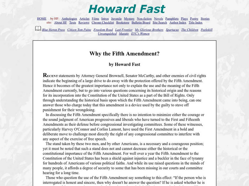 Why the Fifth Amendment? By Howard Fast Article Why the Fifth Amendment? By Howard Fast Article