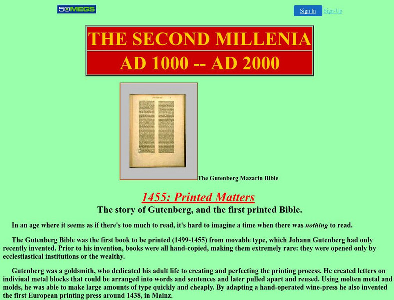 The Second Millenia: Gutenberg: 1455 Printed Matters Handout
