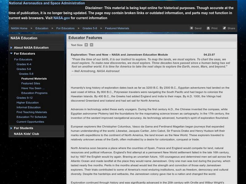 Nasa: Exploration: Then and Now: Nasa and Jamestown Education Module Unit Plan Nasa: Exploration: Then and Now: Nasa and Jamestown Education Module Unit Plan