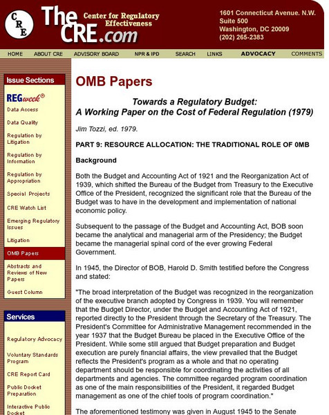 Center for Regulatory Effectiveness: Omb Papers: The Cost of Federal Regulation Activity Center for Regulatory Effectiveness: Omb Papers: The Cost of Federal Regulation Activity