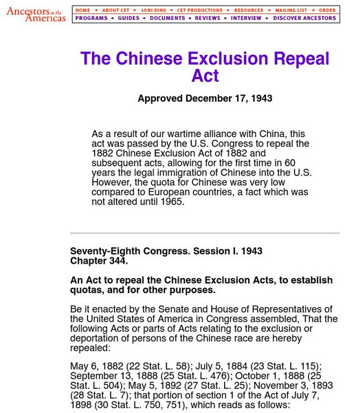 Cet: Chinese Exclusion Repeal Act of 1943 Primary Cet: Chinese Exclusion Repeal Act of 1943 Primary