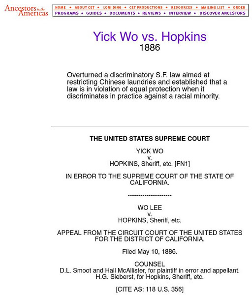 Ancestors in the Americas: Yick Wo vs. Hopkins Primary Ancestors in the Americas: Yick Wo vs. Hopkins Primary