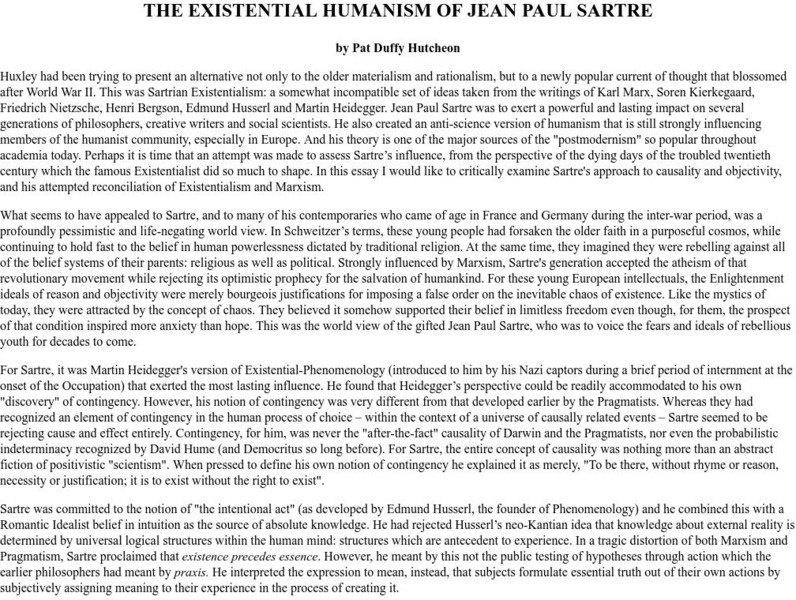 The Existential Humanism of Jean Paul Sartre Article The Existential Humanism of Jean Paul Sartre Article