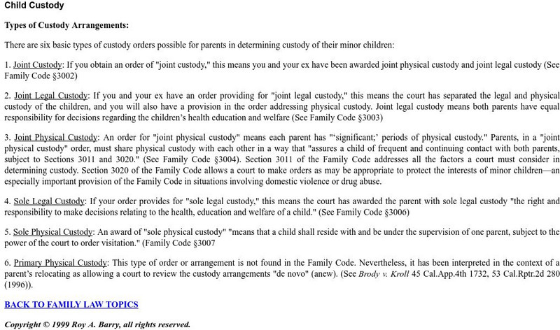 Law Offices of Roy A. Barry: Types of Child Custody Arrangement Handout Law Offices of Roy A. Barry: Types of Child Custody Arrangement Handout