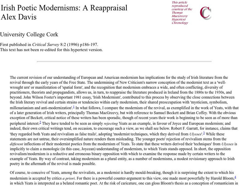 Critical Survey: Irish Poetic Modernisms a Reappraisal Website Critical Survey: Irish Poetic Modernisms a Reappraisal Website