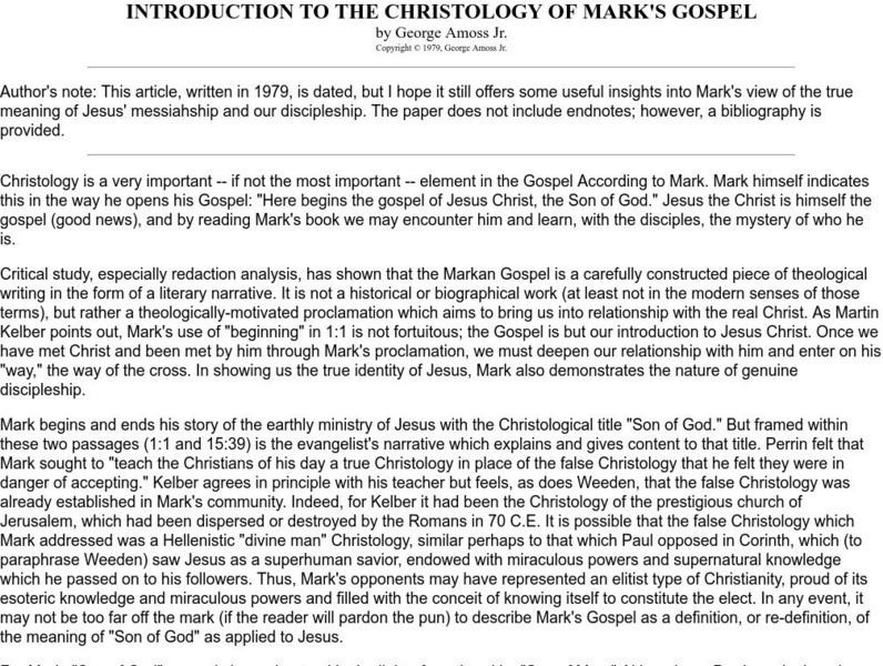 Introduction to the Christology of Mark's Gospel. Article