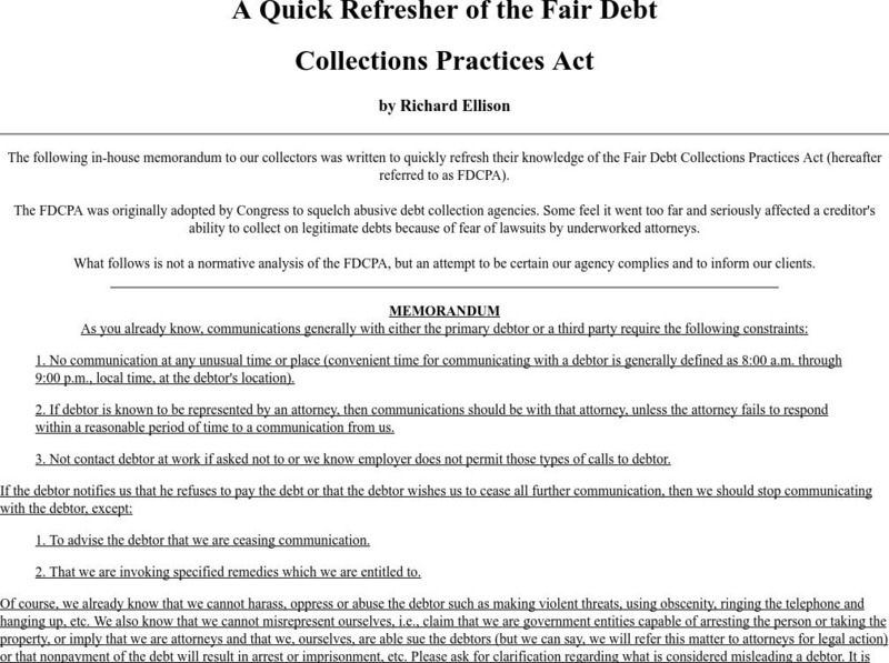 Twenty First Century Associates: Fair Debt Collections Practices Act Article Twenty First Century Associates: Fair Debt Collections Practices Act Article