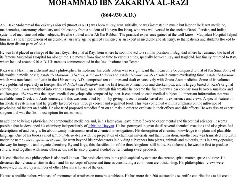 Muslim Scientists: Mohammad Ibn Zakariya Al Razi Handout Muslim Scientists: Mohammad Ibn Zakariya Al Razi Handout
