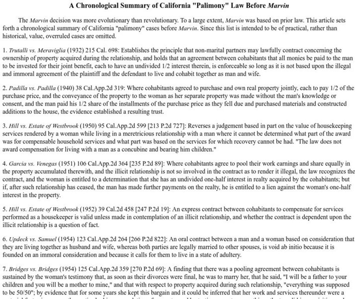 A Chronological Summary of Palimony Law Before Marvin Activity