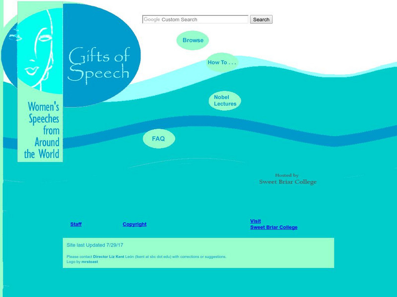 Sweet Briar College: Gifts of Speech: Women's Speeches From Around the World Unit Plan Sweet Briar College: Gifts of Speech: Women's Speeches From Around the World Unit Plan