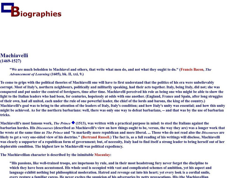 Biographies: Machiavelli (1469 1527) Handout Biographies: Machiavelli (1469 1527) Handout
