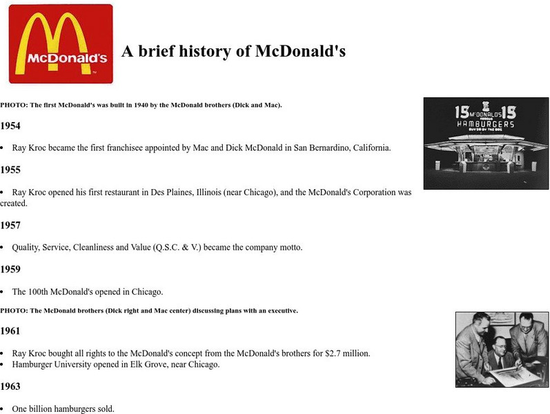 Mc Spotlight: A Brief History of Mc Donald's Handout